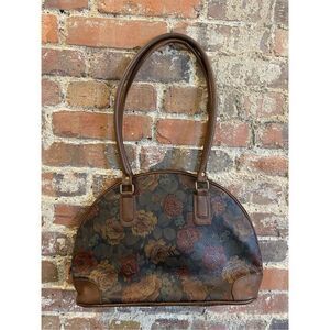 SUN Rose Floral Print Black Faux Leather Brown ‘Gator Trim Shoulder Bag